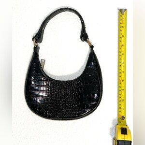 Vegan Patent Black Crocodile Saddle Bag